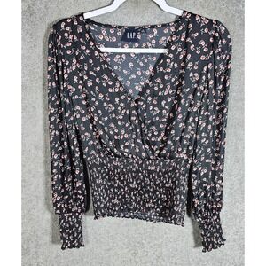 Gap Babydoll Smocked Wrap Top Womens Small Petite Black Red Floral Puff Sleeve
